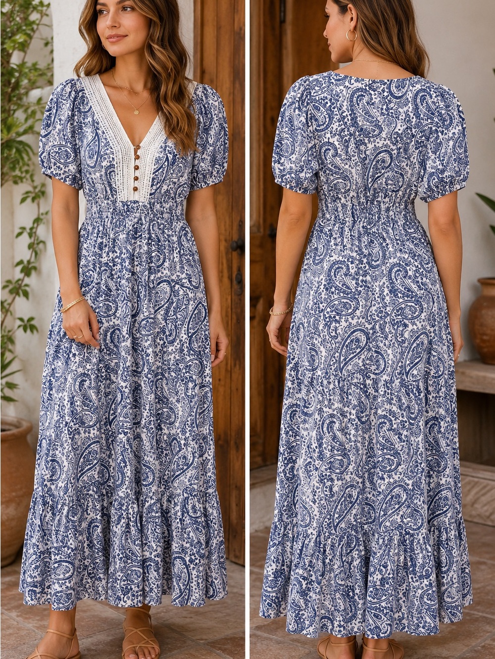 JODIFL Blue Paisley V-Neck Maxi Dress